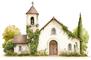 Fototapeta premium Charming watercolor illustration of quaint church with ivy covered walls, bell tower, and wooden door surrounded by lush greenery and colorful flowers