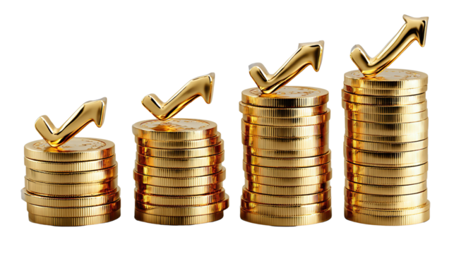 Golden Coin Progression: A visual metaphor of financial growth, showcasing stacks of gold coins ascending with upward-pointing arrows, embodying prosperity and upward trajectory.