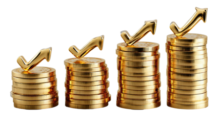 Wealth Growth: A visual representation of wealth accumulation is depicted by four ascending stacks of gold coins, each topped with a stylized upward arrow.