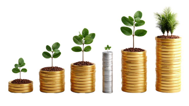 Growth Investments: A visual metaphor of financial growth, with plants sprouting from stacks of gold coins, symbolizes increasing prosperity and successful investments.