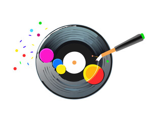 Creative designing surreal style with frying pan and vinyl records on black Creative process of music creation. Contemporary artwork. Concept of surrealism, pop art, creativity, imagination 
