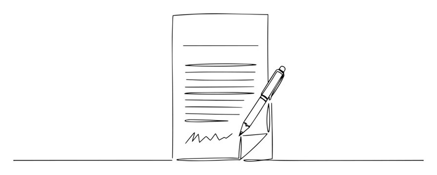 signed contract document with pen monoline thin lineart vector