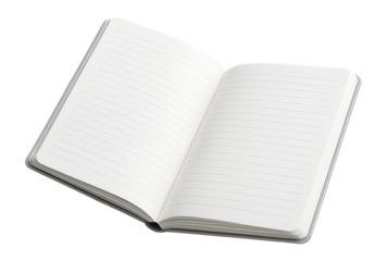 Open lined notebook showing clean blank pages on transparent background.