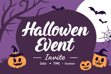 Halloween event invitation with pumpkins, bats, spiderweb, moon and tree on a purple background design