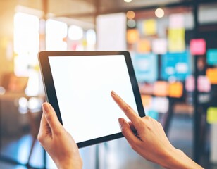 Hands Holding Blank Modern Tablet: Vibrant Edge & Design Studio. Digital Creativity, UI/UX Mockups & Innovation