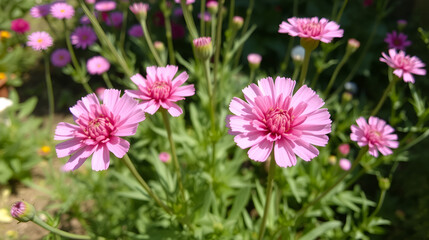 Obraz premium Pink scabiosa flowers growing in an outdoor flower garden.