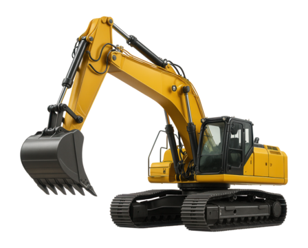 Heavy-duty yellow excavator with a large digging bucket and articulated arm on metal tracks on transparent background.