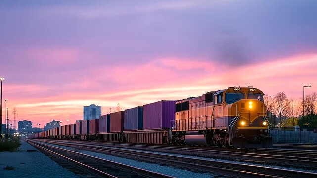 A diesel locomotive loads container cars at twilight, creating a serene industrial scene.