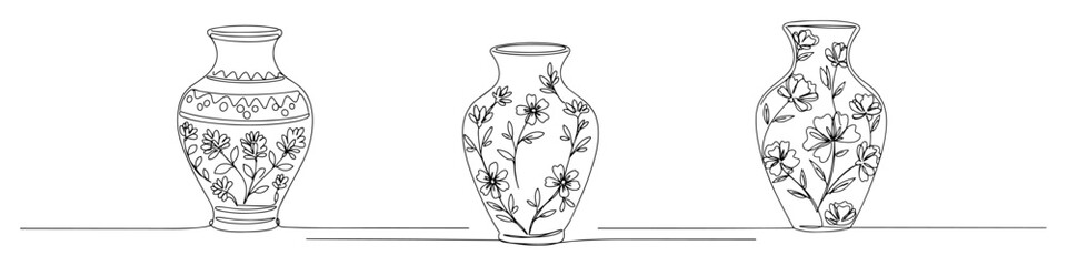 continuous one line drawing set of three ornate floral pottery vases vector illustration