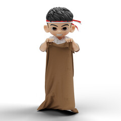 3D cartoon boy joins sack race with red headband. Traditional Indonesian independence day game. Fun and festive spirit of 17 Agustus celebration.