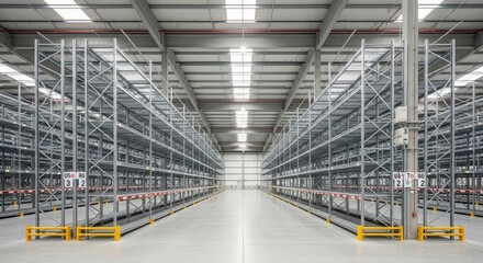 Modern Warehouse Storage Facility - Rows of empty metal shelving units in a large warehouse, showcasing efficient storage solutions and spacious interior