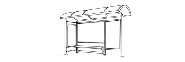 one continuous line drawing of a modern urban bus stop shelter with bench for public transport vector lineart design © Wieslaw