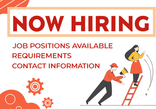 Now hiring advertisement with job positions available and contact information with a ladder and people