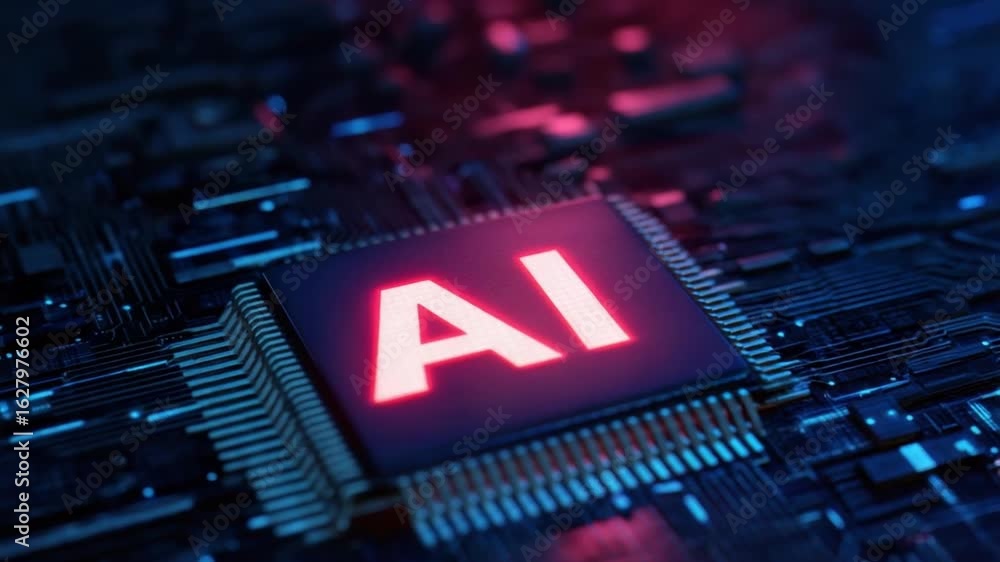 Poster close up of a microchip with glowing red 'ai' text on a futuristic circuit board with blue light tra