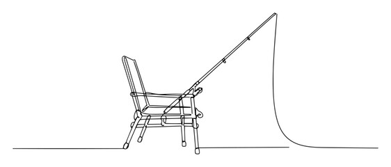 Fototapeta premium single one line drawing of a fishing chair with a rod setup for angling hobby concept vector contour illustration