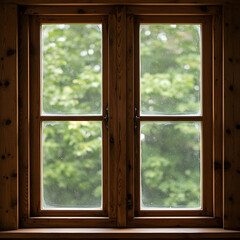 Wooden window frames revealing lush green foliage outside, creating a serene, natural view
