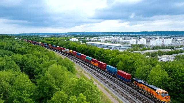 A colorful double stack container train traverses through a lush, green industrial landscape.