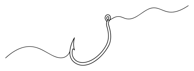 fishing hook on a single line monoline thin vector lineart outline design