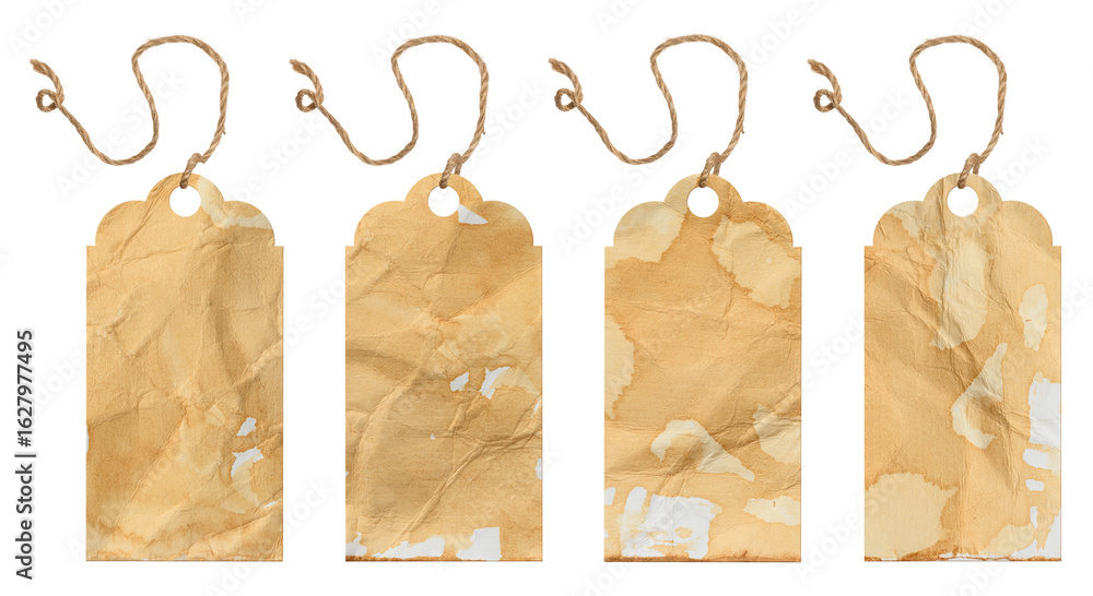Poster vintage tags made of paper stained with coffee or tea. each tag has unique marks and an uneven surfa