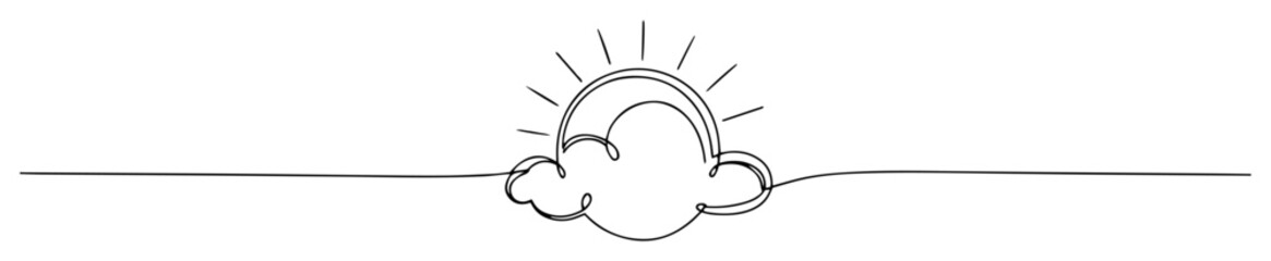one single line drawing of the sun peeking from behind a cloud for a sunny weather forecast vector lineart design