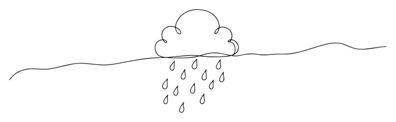 single one line drawing of a cloud with falling raindrops for rainy weather concept vector doodle lineart design