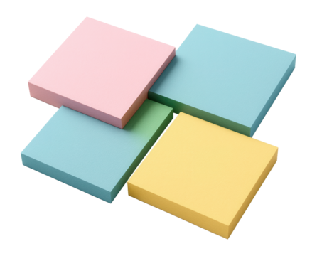Four stacks of pastel-colored sticky notes in pink, blue, green, and yellow arranged in a grid. on transparent background.