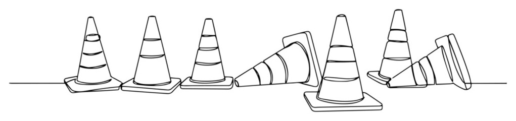 continuous one line drawing of a row of traffic cones for road work safety and construction vector sketch illustration © Wieslaw