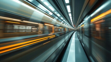 Fototapeta premium An abstract urban transit scene with dynamic motion blur and cool metallic tones.