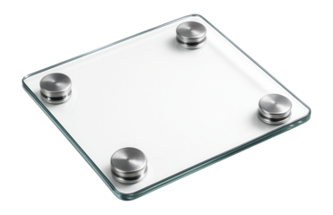 Transparent glass platform with four round metal feet, designed for stability and support on transparent background.