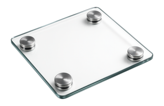 Transparent glass platform with four round metal feet, designed for stability and support on transparent background.