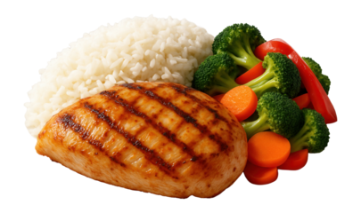 Grilled chicken breast served with white rice, broccoli, carrots, and red bell peppers on transparent background.