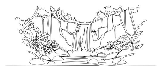 Jungle waterfall landscape one continuous line drawing. Tropical forest scenery with river and rocks. Nature travel and adventure concept. Minimalist vector art. © Wieslaw