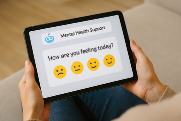 Digital Wellness Check-in: A close-up shot capturing hands interacting with a tablet, displaying a digital interface designed to gauge mental wellbeing.