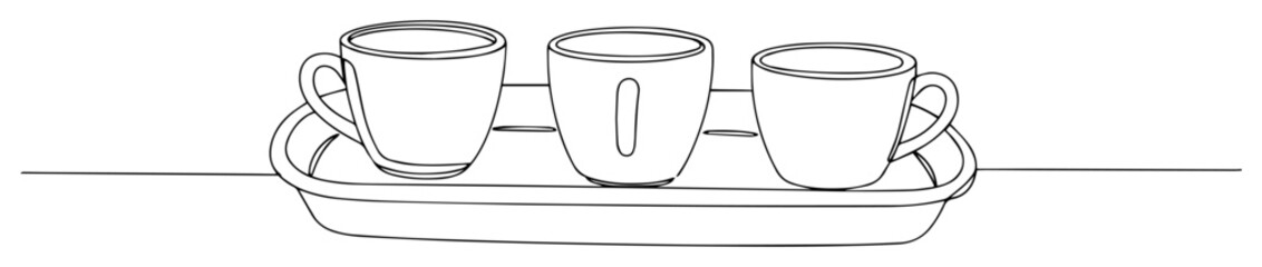 continuous one line drawing of three traditional coffee cups on a serving tray vector lineart illustration
