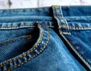 Timeless casual style of blue denim trousers. A close-up view of a jeans pocket, belt loop, and classic golden stitching.
