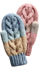 Colorful knitted mittens with cable knit design in blue, pink, and beige
