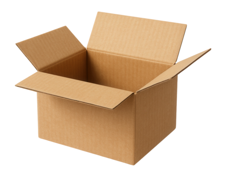 Open cardboard box with flaps extended outward on transparent background.