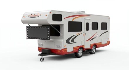 Naklejka premium White camper trailer with orange accents and monitor