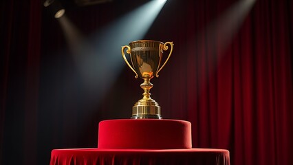 A golden trophy displayed on a velvet podium with dramatic award ceremony lighting.