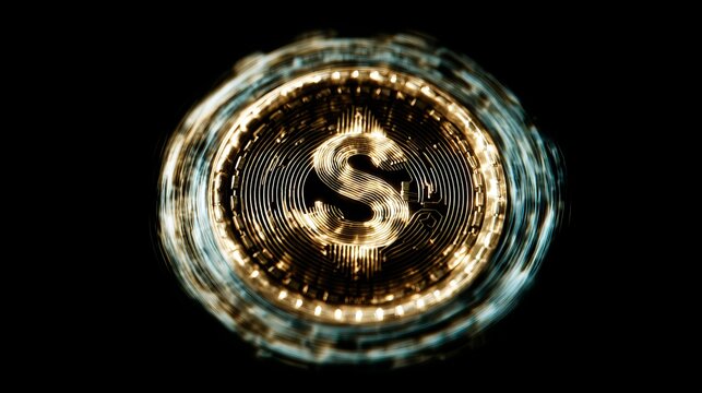 A glowing digital dollar sign symbolizing cryptocurrency, surrounded by dynamic light effects on a black background. - Powered by Adobe
