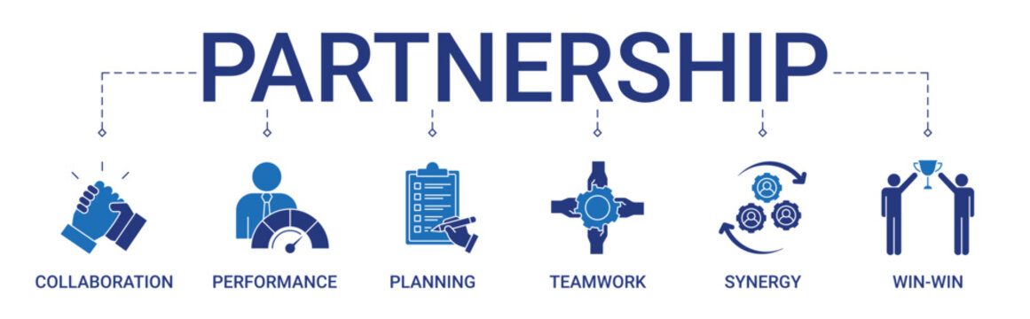Partnership Banner with collaboration, performance, planning, teamwork, synergy, and win-win icon concept illustration 