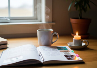 A steaming mug of coffee sits beside an open journal and a lit candle on a wooden desk by a window.
