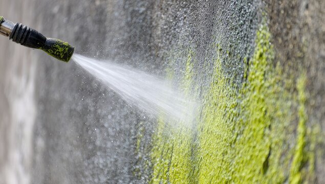 High-pressure water jet cleaning graffiti from a wall