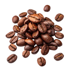 A PNG image of roasted coffee beans in a pile with a few scattered around, isolated on a white background.