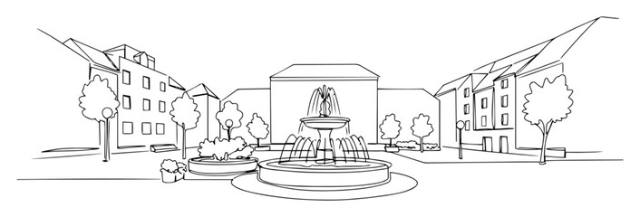 city square fountain scene outline vector illustration