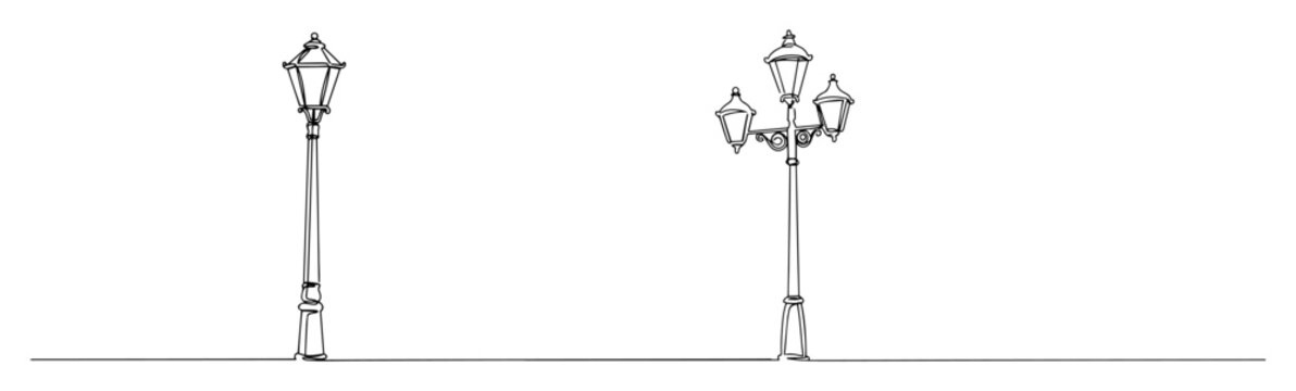 continuous one line drawing set of vintage street lampposts classic urban park lighting fixture vector outline illustration
