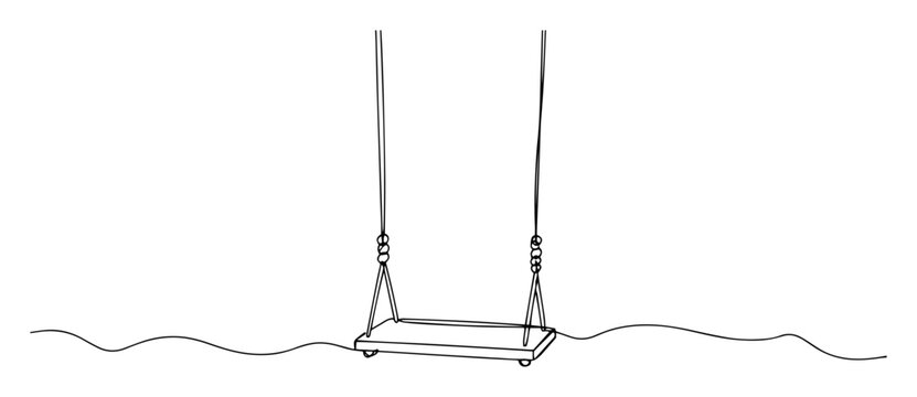 continuous one line drawing of a simple wooden swing hanging over water a symbol of childhood and freedom vector monoline sketch