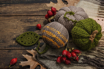 Autumn cozy mood composition. Crocheted pumpkins, handmade, fall hobby concept