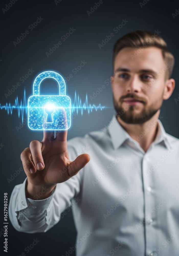 Poster secure access - man interacts with a lock icon, symbolizing secure online access and data protection