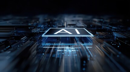 Futuristic AI technology concept, digital interface with glowing blue circuit lines, artificial intelligence innovation, modern data processing, and advanced computing